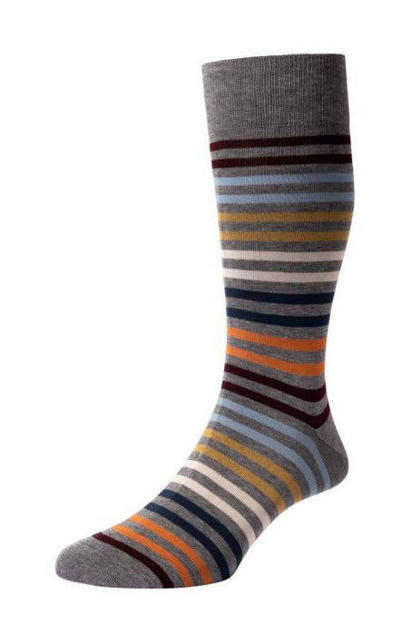 Pantherella Kilburn Striped Cotton Sock (Mid Grey Multi)