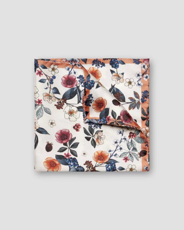 Ivory background pocket square with orange and coral flowers